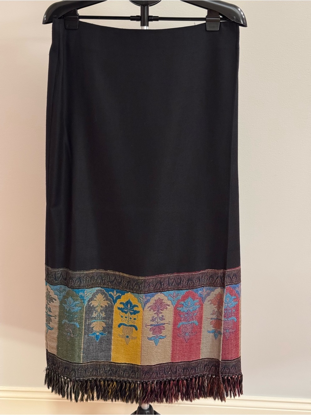 Dana Buchman Women Wrap Black Maxi Skirt with Multicolor Woven Hem - Size 14